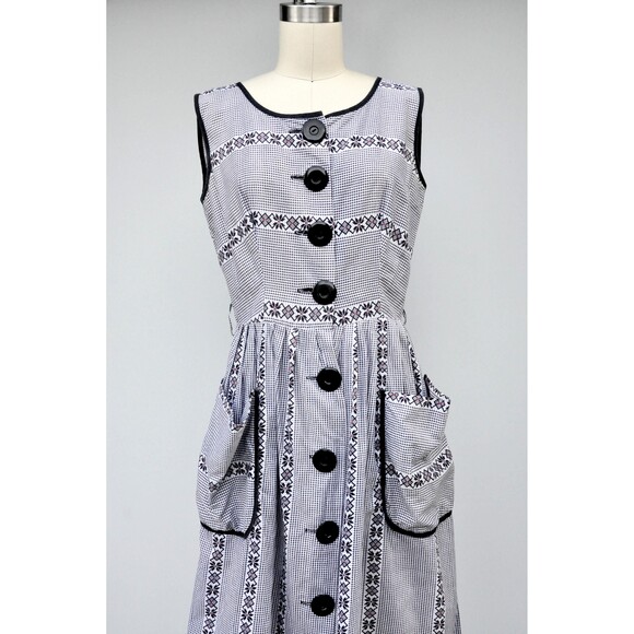 50s 60s Checkered Floral Dress LARGE POCKETS Pleated Pin Up Rockabilly S M - Picture 4 of 10